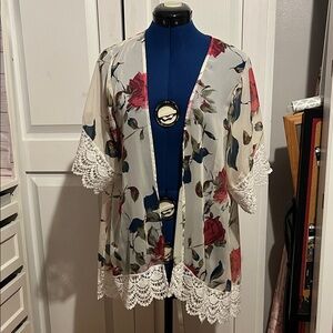 Floral Kimono with Lace Trim